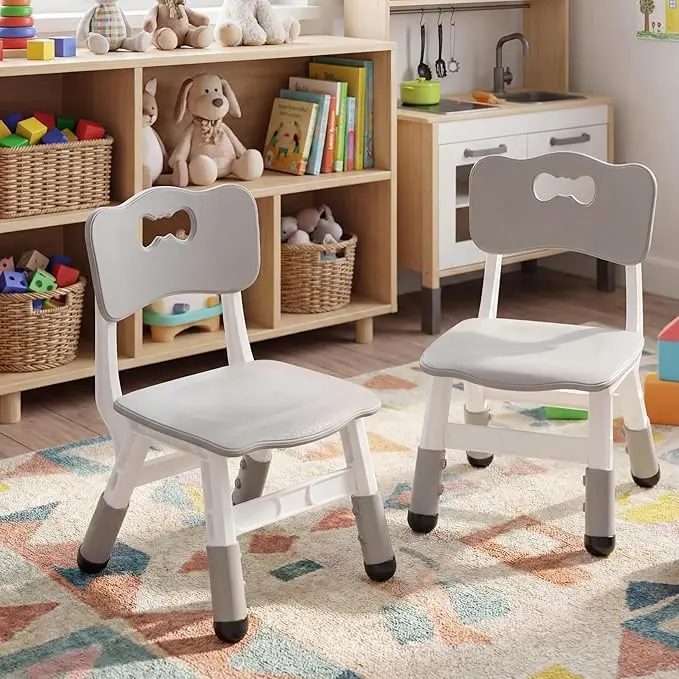 Kids Chair Set of 4, 3 Level Height Adjustable Kid Chair, Plastic Toddler Chairs for Children Boys Girls Age 2-6, Suitable for Home Family Classroom Nursery Indoor Use, Light Grey