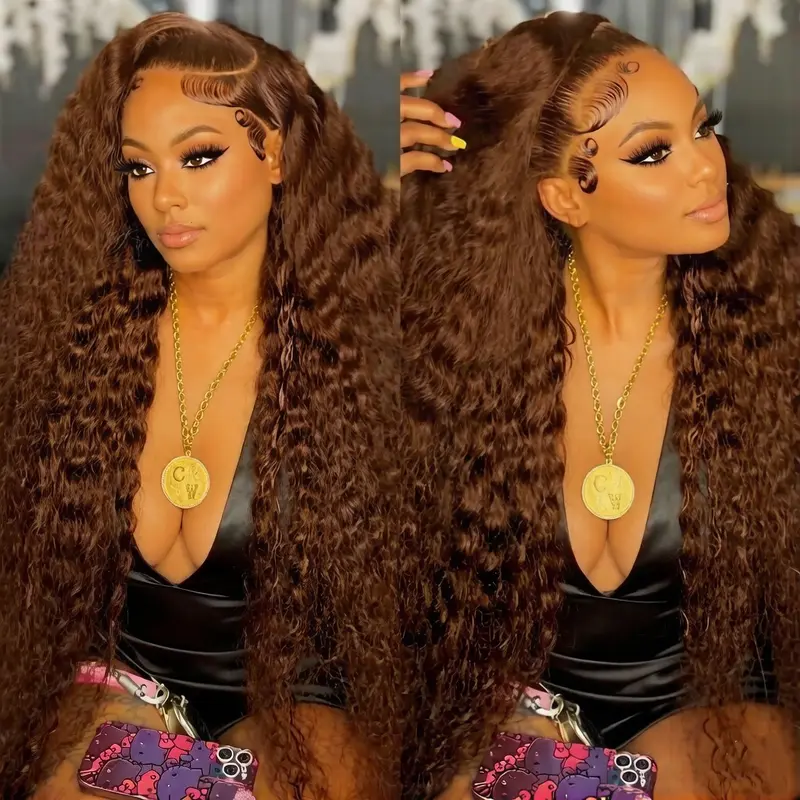 Brown wig Deep Wave lacefront 26” 2019 New Wig Chocolate Brown HD Transparent Curly Lace Front Human Hair  main image 4