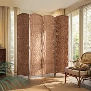 4 Weave Panel Room Divider Privacy Folding Screen Diamond Decor Natural