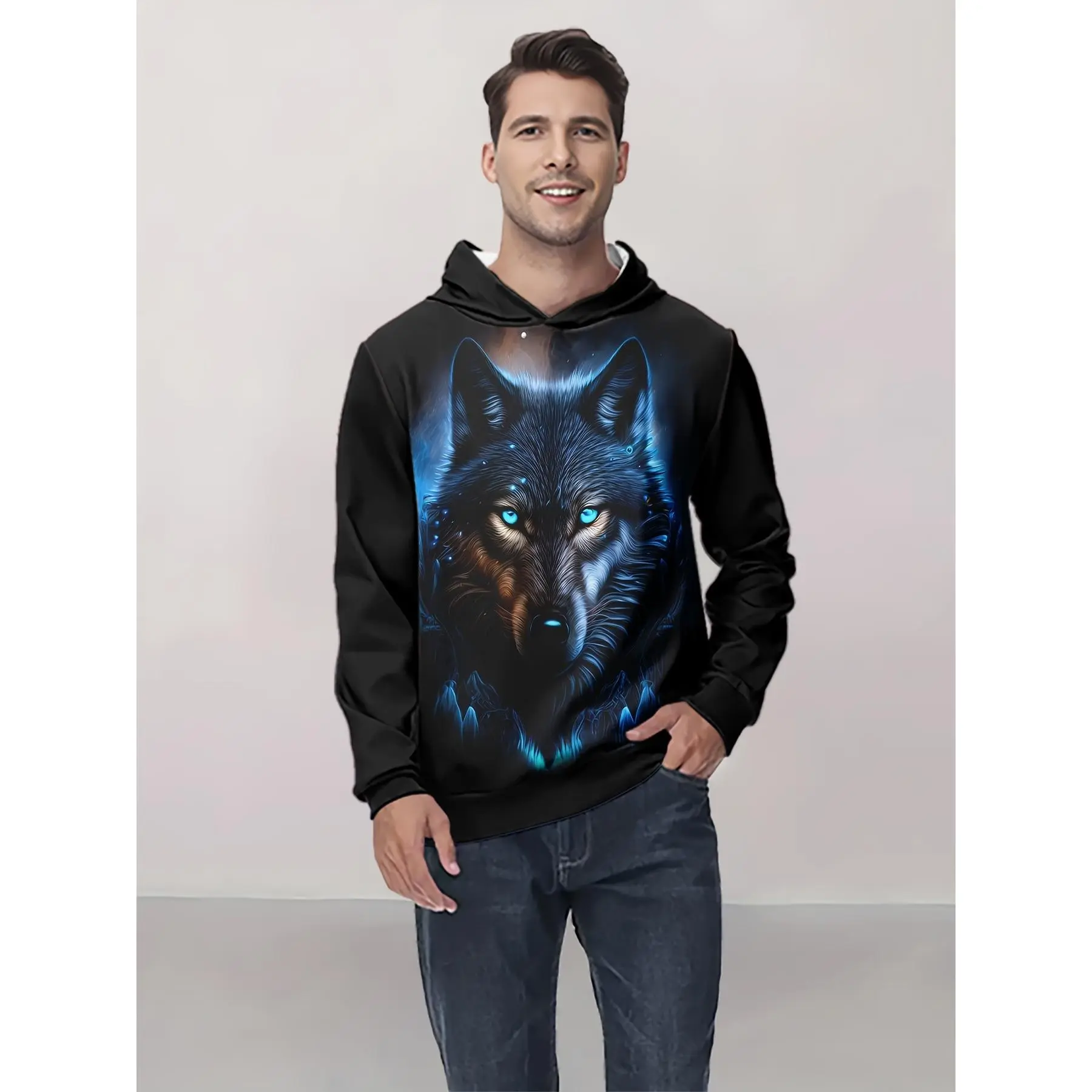 Men's 200gsm Polyester Knit Fabric 3D Wolf Print Hoodie - Menswear, Longsleeves Sweatshirt, Casual Regular Fit Hooded Top with Slight Stretch for Spring-Fall