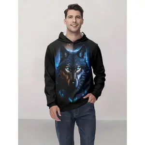 200gsm Polyester Knit Fabric 3D Wolf Print Hoodie - Casual Long Sleeve Regular Fit Hooded Top - Slight Stretch for Spring/Fall