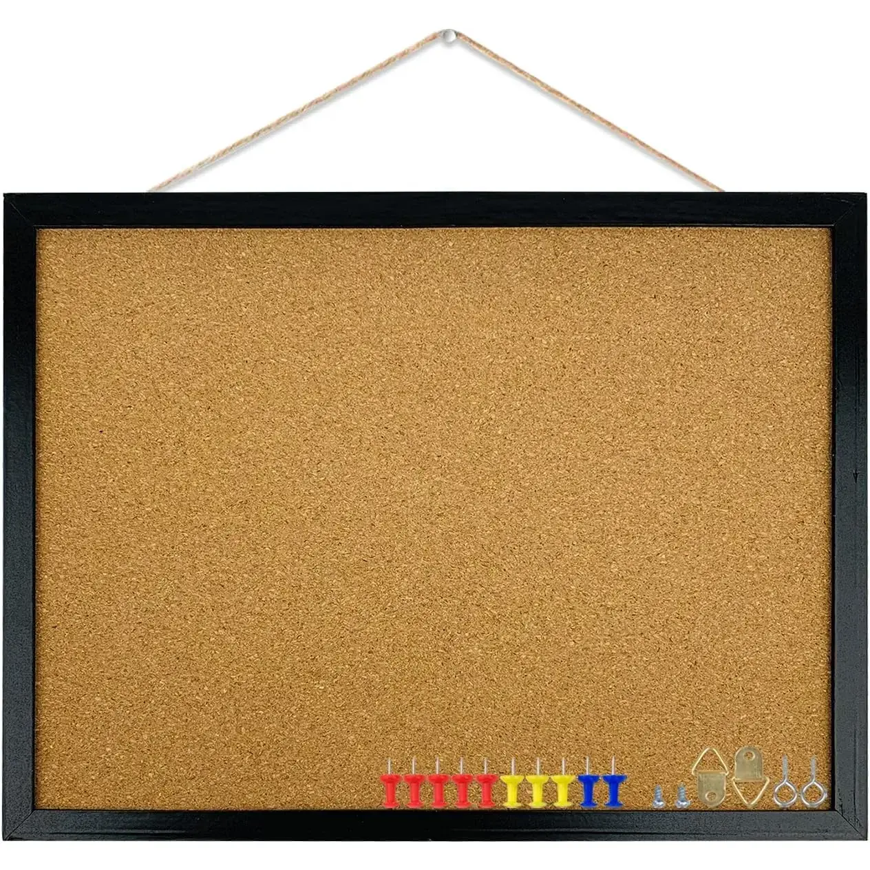 GDMINLO Sturdy Black Cork Bulletin Board with Wooden Oak Finish Frame, 17.7x13.3in Home Supplies Set, for DIY Scrapbooking & Stamping Use, Includes Pins, Eye Bolts, Gaskets, Screws, Scratch Resistant