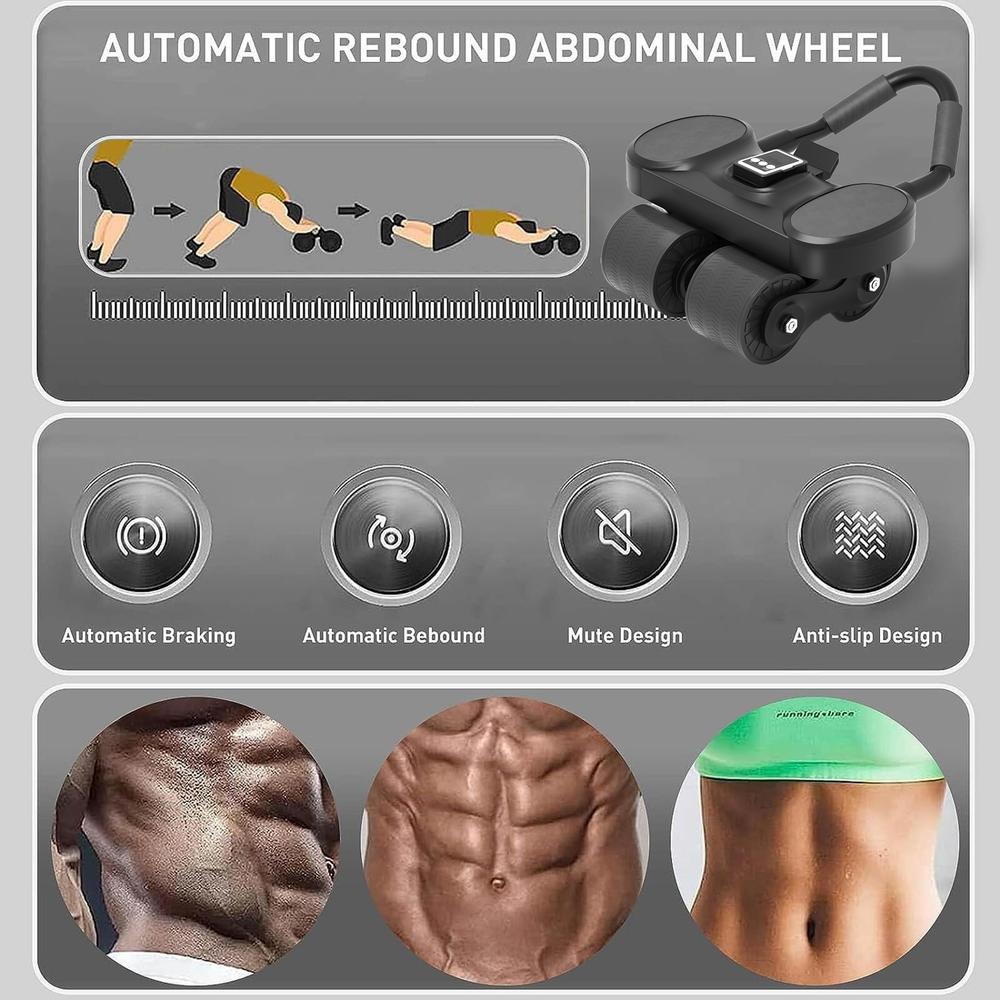 Automatic Rebound 4 Wheel Ab Roller Wheel Knee Mat Timer, Elbow Protected Home Gym Workout Roller