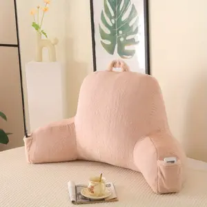 Large Backrest Reading Pillow with Arm Rests, Shell Pink Faux Fur 17" Standard Sit Up Support Cushion for Bed, Couch, Sofa, Floor