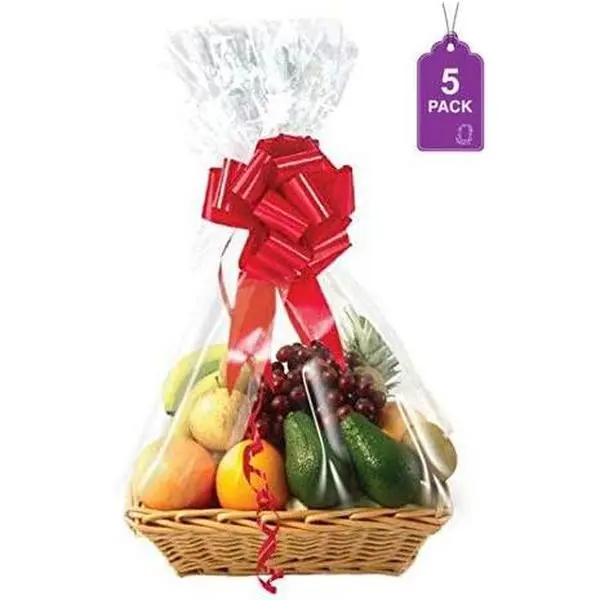 Clear Basket Bags, Large Clear Cellophane Wrap for Baskets & Gifts 24"x30" (5)