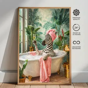 Zebra Bathing Print, Funny Animal Spa Wall Art, Tropical Maximalist Decor X