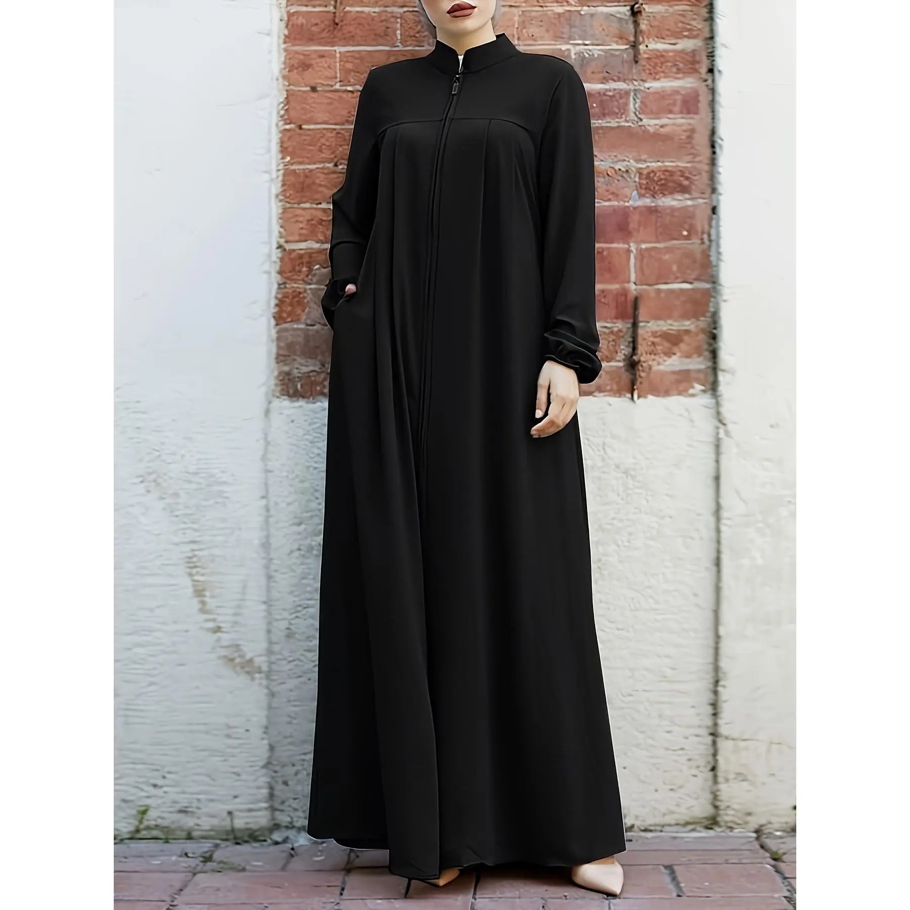 Women's Minimalist Casual Plain Polyester Woven Spring Abaya - Collared Neck, Full-Length Robe with Front Zipper, Micro Elasticity, Size S, Elegant, Hand Wash Only