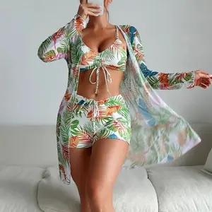 2024 New green & white Women 3 Pieces Swimsuit Leaf Pattern Bikini Set+Long Sleeve Cover Up Holiday Beachwear Drawstring Swimwear Bathing Suit