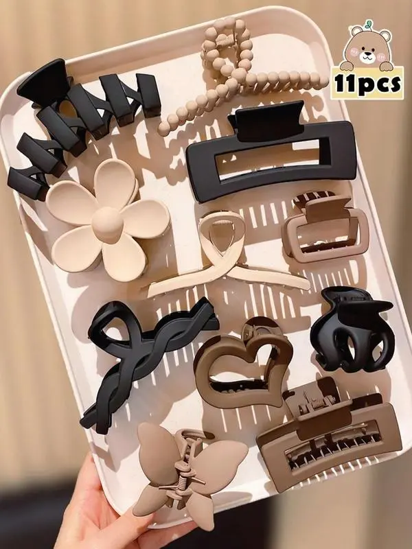 Matte hair claw set, butterfly flower heart-shaped design hair claws, 11 piece set of women's casual multifunctional hair accessories, flat claw shark clip headband tiktokshopbacktoschool