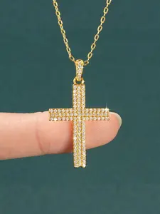 Double row diamond cross necklace, ice cut CZ diamond Christian cross pendant, 14K gold-plated hip-hop men's and women's religious jewelry, baptism confirmation gift