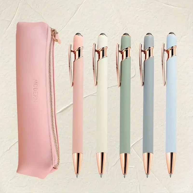 Metal Pen with Stylus Tip, 5 Counts Retractable Medium Point Writing Pen with 1 Count Pencil Case, Durable Aluminum Gift Set for Adults and Students, Office Supplies, Stationery Writing Tools