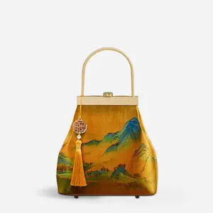 Vintage Luxury Traditional Art Chinese Painting Xiangyunsha Silk Clutch Purse Kiss Lock Evening Handbag