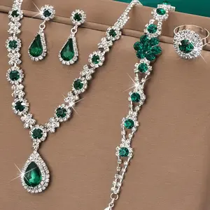 Elegant Emerald Jewelry Set, Exquisite Trendy Necklace & Earrings & Bracelet & Ring, Fashionable Jewelry Set for Party Decoration, Matching Jewelry Set