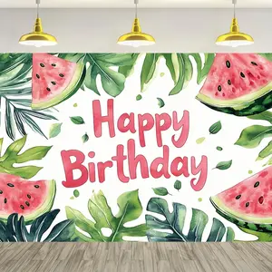 1pc Durable Polyester Happy Birthday Backdrop - 2D Flat Vibrant Watermelon & Tropical Fruit Themed, Green Leaves & White Ornament Banners Design, Ideal for Bedroom & Living Room Party Decorations