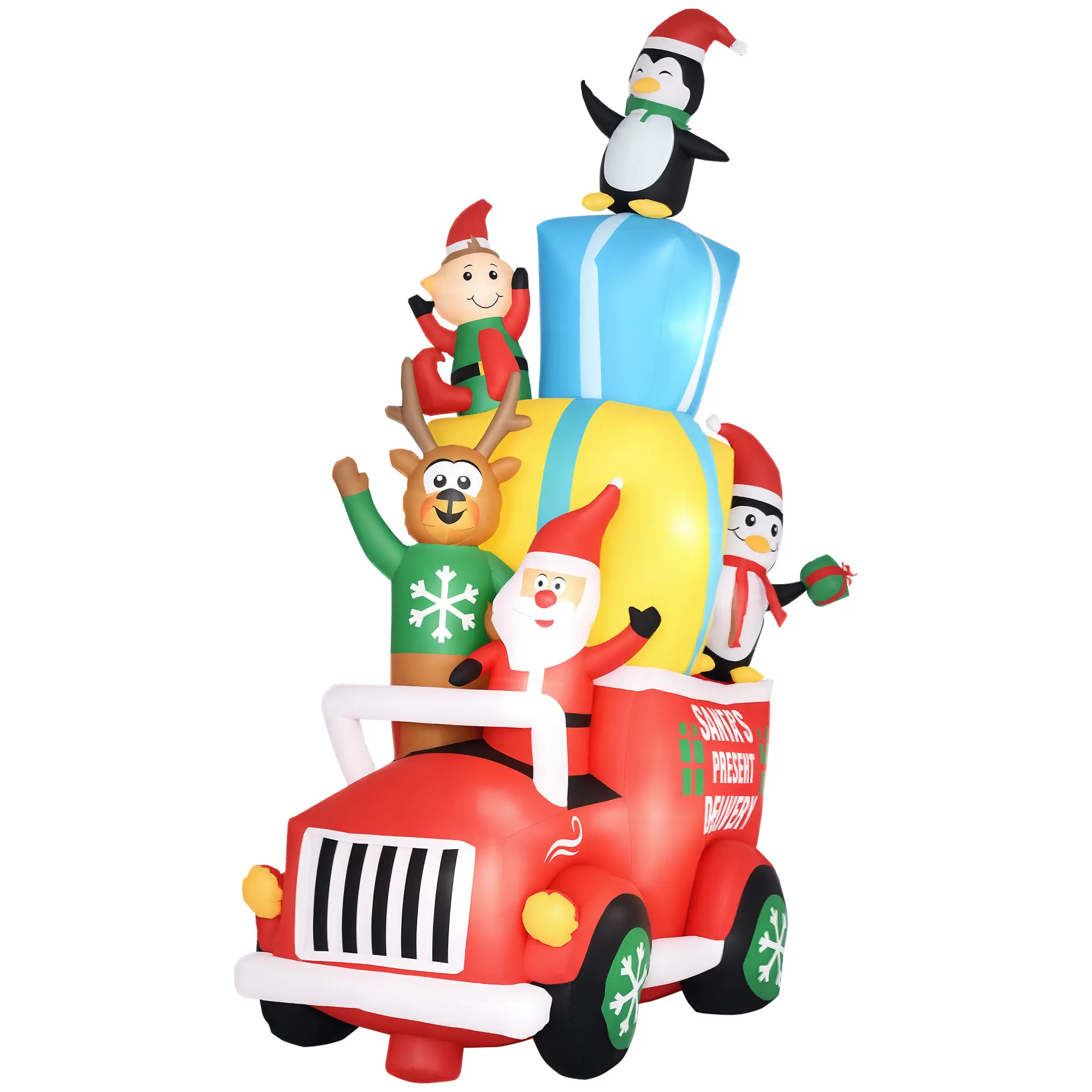 9ft Christmas Inflatables Outdoor Decorations Santa Claus Drives a Gift Car with Elk, Elf & Two Penguins – Blow-Up LED Yard Christmas Decor. Weather-Resistant. Easy Setup. 72.75"W x 38.5"D x 106.25"H