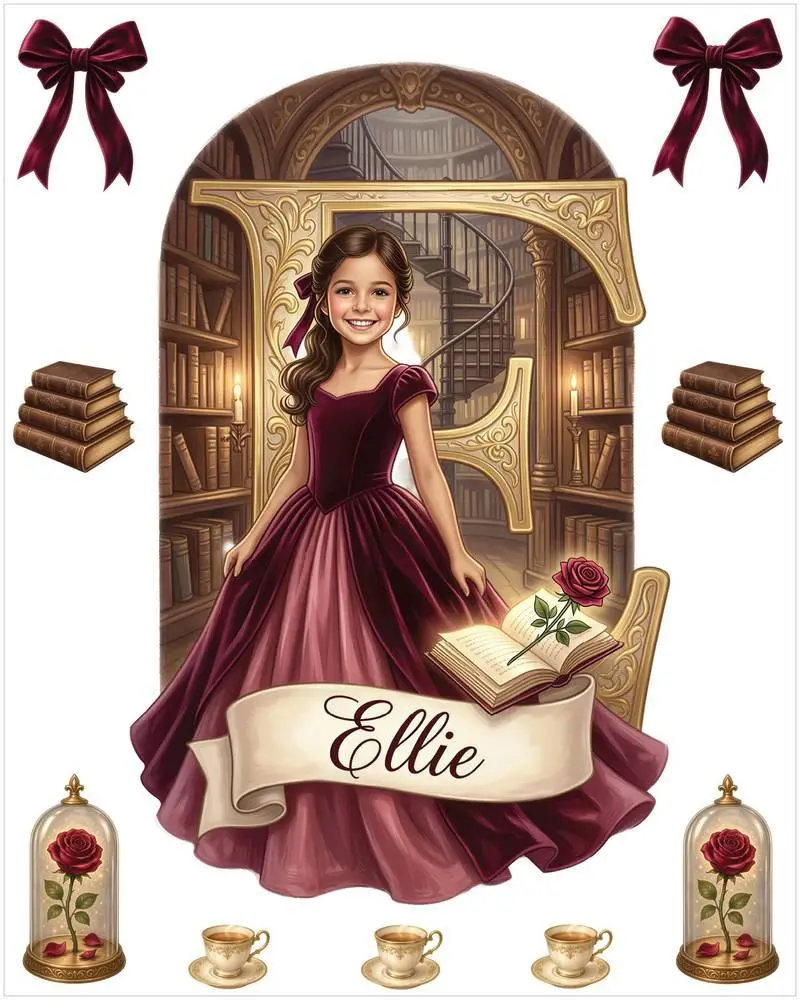 Personalized Princess Wall Decal Set, Custom Girl Portrait from Photo, 10 Piece, Rose Library
