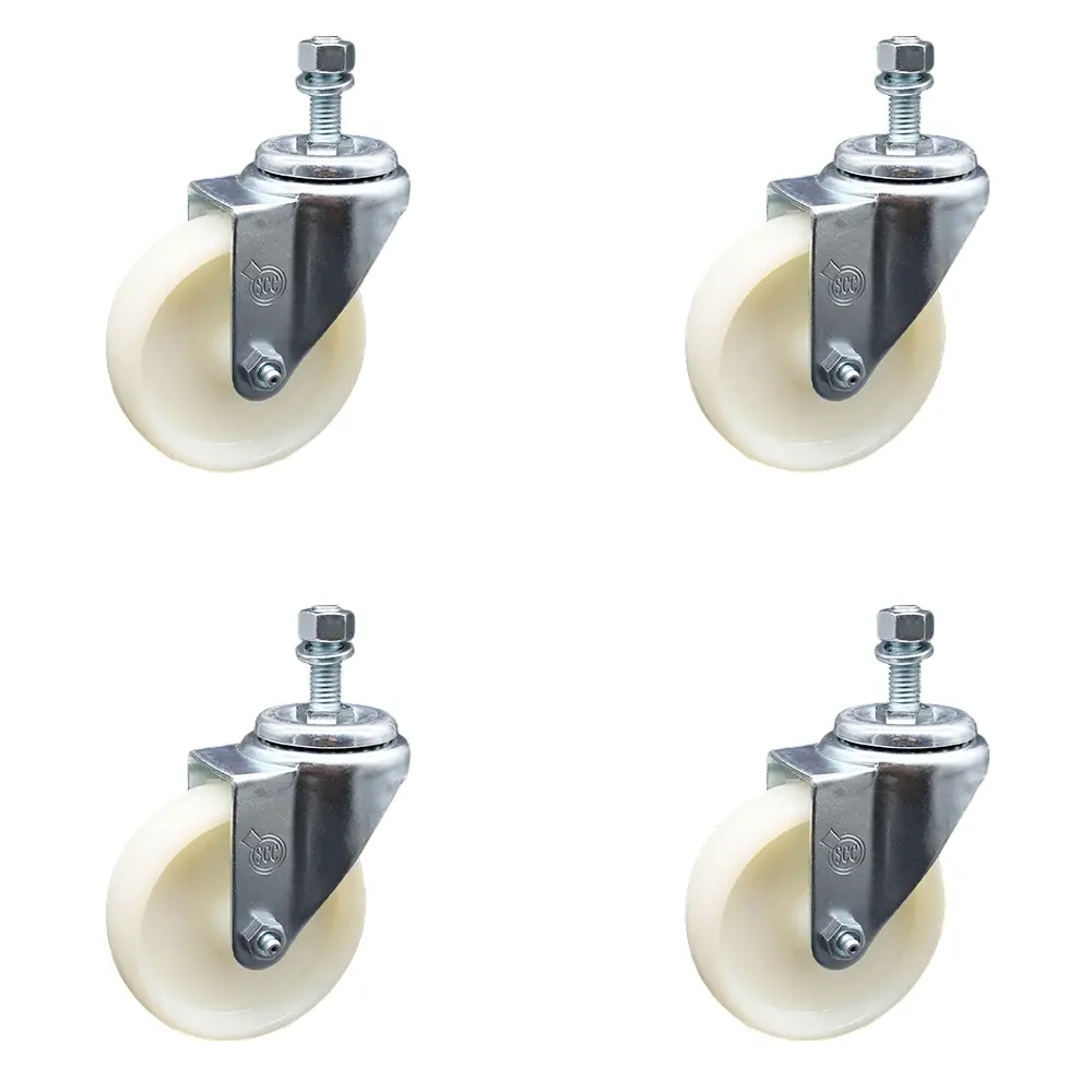 Service Caster SCC-TS20S414-NYS-121315-4 Stem Mounted Nylon Swivel Threaded Casters (Set of 4) - 4x1.25 in. Chemical Resistant White Wheels, 0.5 in. Threaded Stems, Maintenance Free for Material Handling Carts, Shop Projects