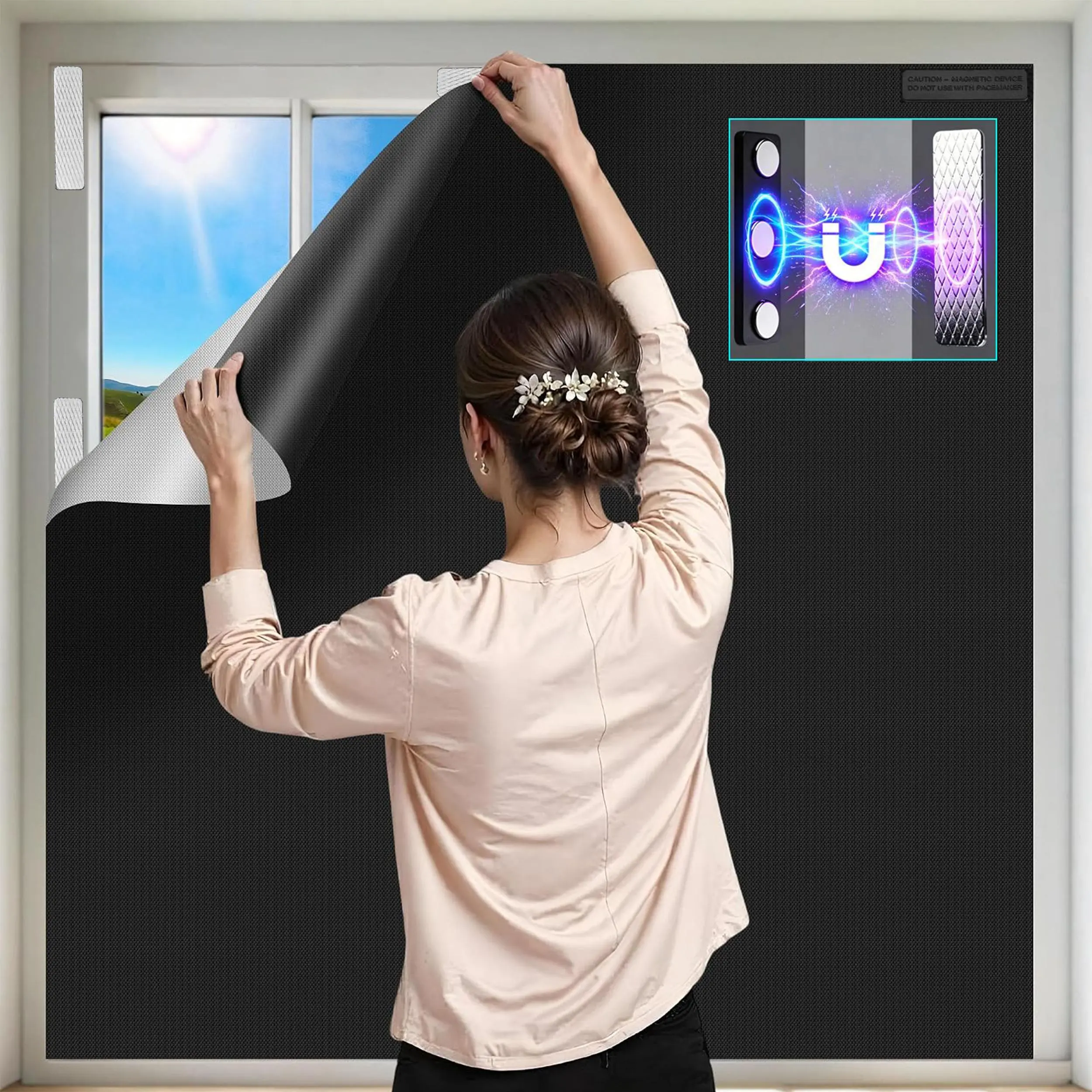 100% Blackout Waterproof Magnetic Blind Stick-On - 98x57 in PVC Film, No-Drill Strong Installation, Reusable Removable, Darkness Control for Bedroom Indoor Windows, Black, Bedroom Use