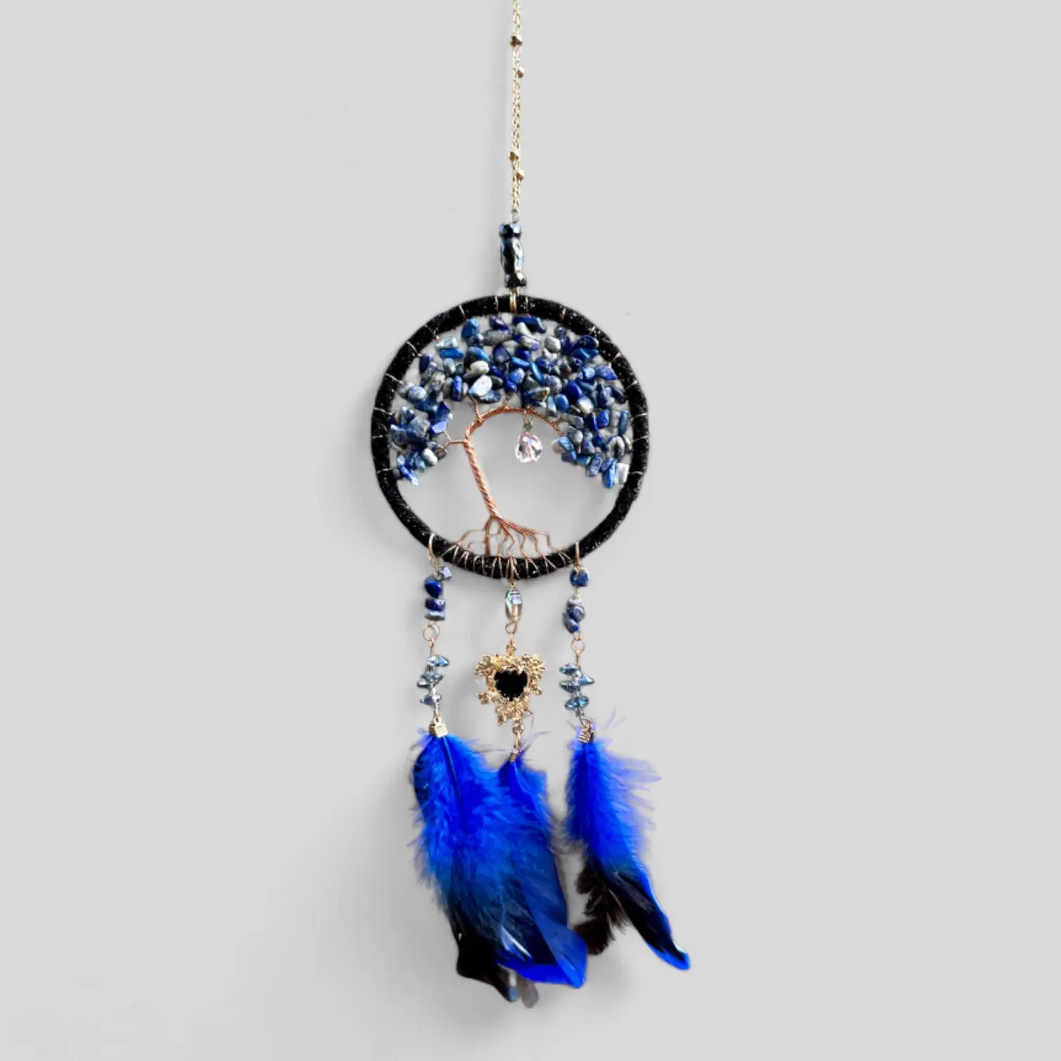 Medium Blue/Black Tree of Life Dreamcatcher with Black Heart Charm - Lapis Lazuli-- Rearview Mirror Hanging or Wall Hanging