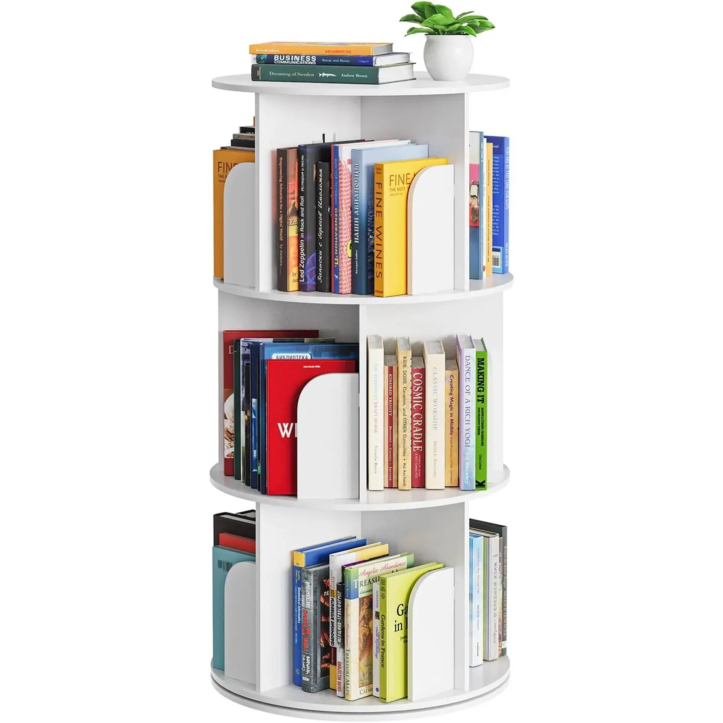 Cross Style 3 Tier Rotating Bookshelf, Spinning 360 Bookcase Lazy Susan Tower, Vertical Revolving Books Shelf Storage Round Carousel Space Saving Organizer, White