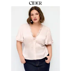 Cider Lace Trim V-Neck Drawstring Short Sleeve Blouse Curve & Plus