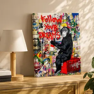 Modern Motivational Wall Art, Follow Your Dreams Graffiti Chimp Poster, Pop Art Street Printing, Multicolor Canvas Decor, Unframed
