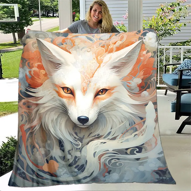 1pc Cozy Fantasy Fox Print Blanket - Lightweight Flannel Throw For Sofa, Bed, Travel, Camping, Living Room, Office, Couch, Chair, And Bed - Digital Printing Fleece Blanket With Soft And Warm Flannel Fabric, Gifts For Family Or Friends