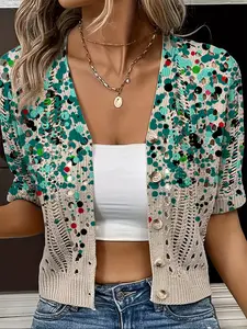 Women's V Neck Knit Short Sleeve Cardigan, Multi-Color Patchwork Print Hollow Out Button Design, Boho Vacation Style Outerwear