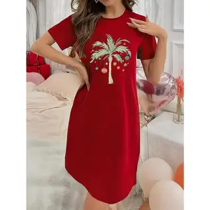 Soft Micro Stretch Women's Lingerie Colorful Lights Christmas Tree Printed Short Sleeve Round Neck Nightgown Sexy Elegant Young Style Women's Christmas Dress Christmas Thanksgiving New Year Gift Ideas