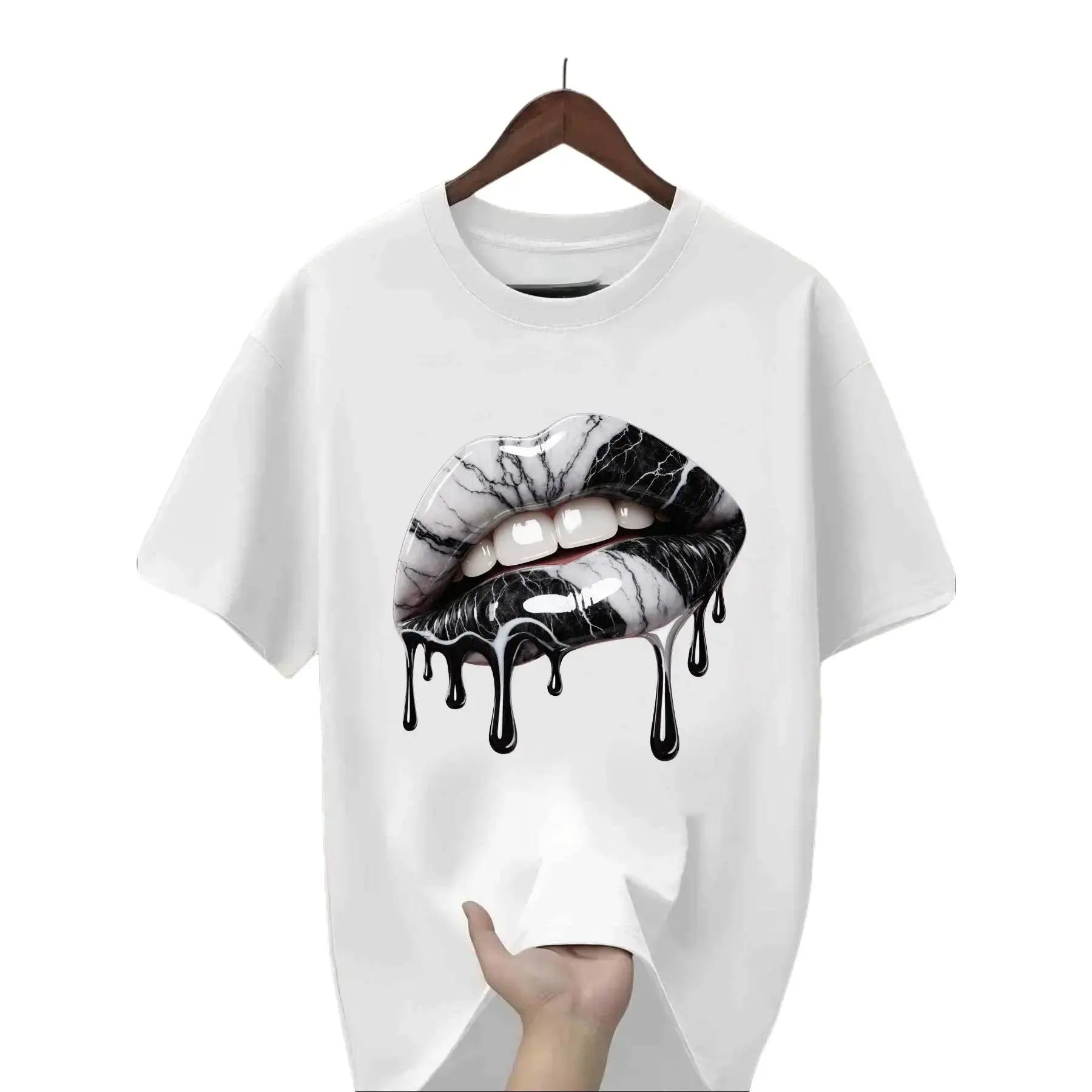 Marble Drip Lips Graphic Cotton T-Shirt, Trendy Black White Marble Dripping Mouth Casual Streetwear Short Sleeve Tee For Men Women,funny graphic tee,summer graphic tees,tee