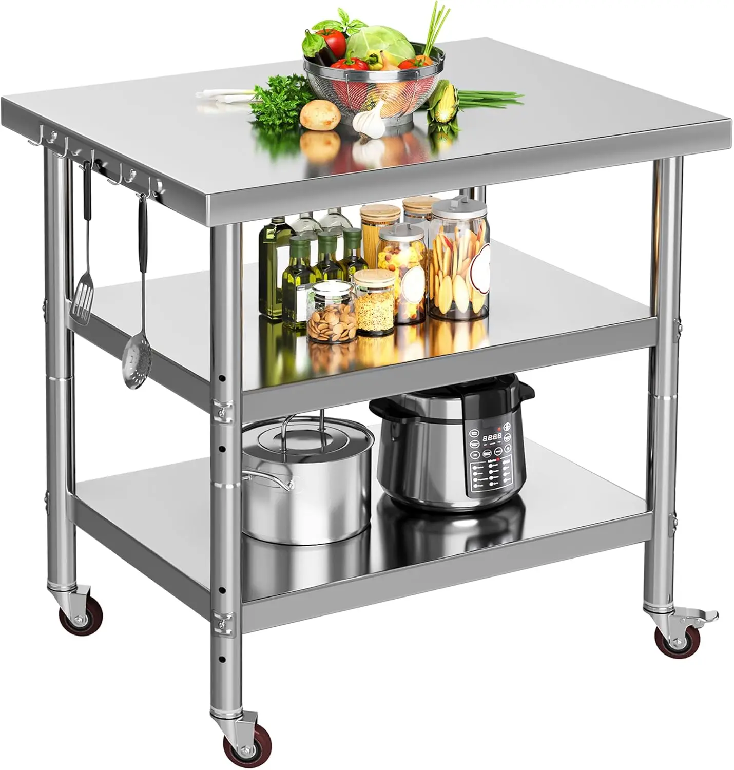YINTATECH NSF Stainless Steel Table, 30" X 24" / 36" X 24" Work Table with Wheels, 3 Shelves Metal Prep Worktable for Home Kitchen Restaurant Garage Warehouse Outdoor
