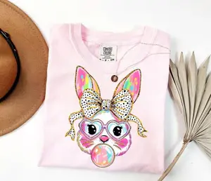 Comfort Color Coquette Bow Bunny With Glasses Shirt, Bubble Gum Bunny Shirt, Cute Easter Bunny Shirt, Womens Easter Bunny, Girl Easter Tee