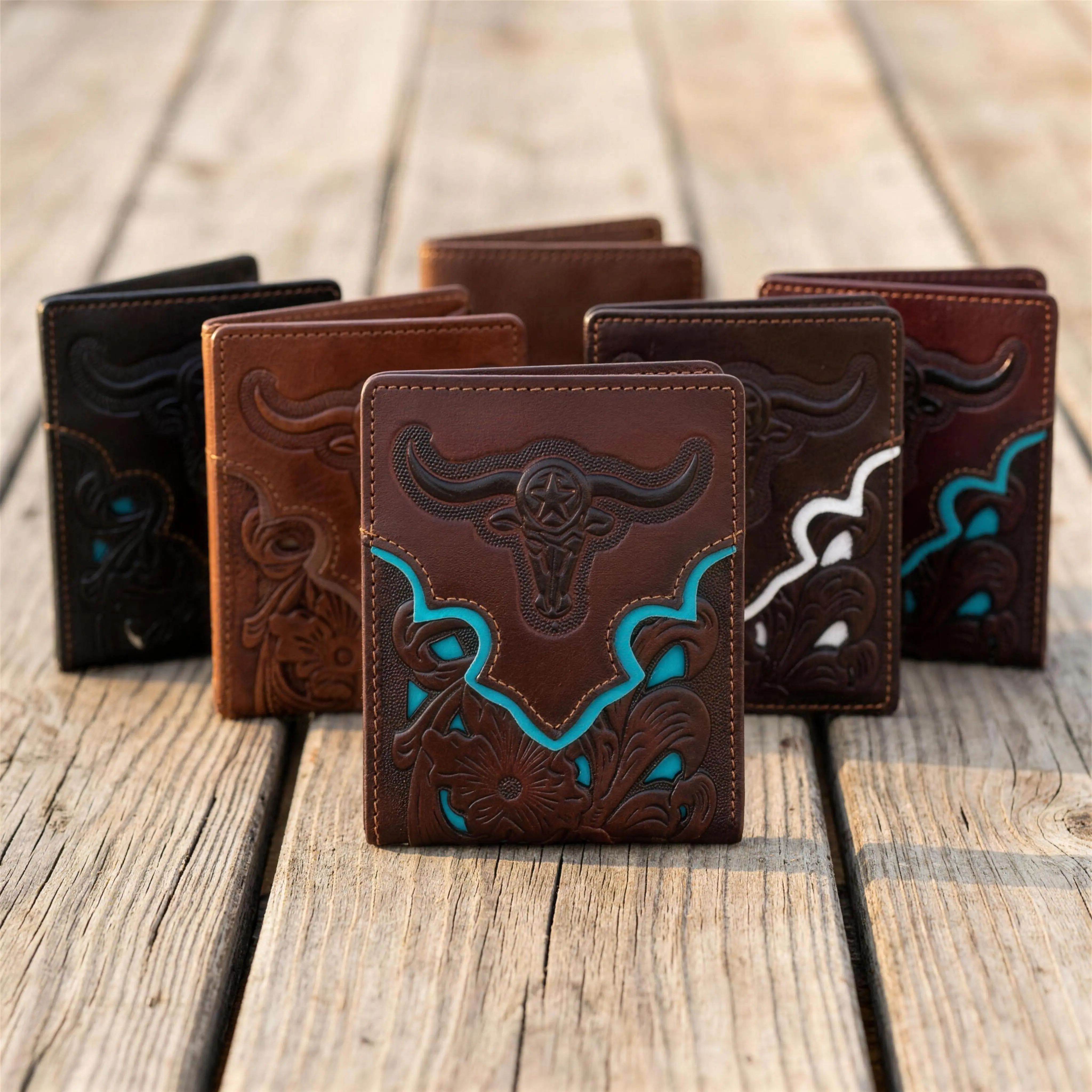 Western Bifold Leather Wallet- Tooled Leather With Longhorn Design- Rodeo Cowboy Wallet for Ranch & Rodeo Style