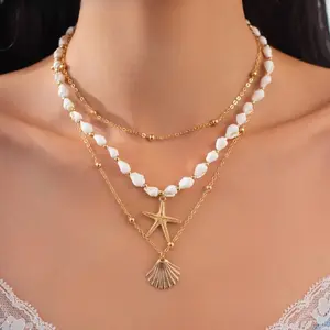 Women's Faux Pearl Starfish Beaded Necklace - Beach-Style Summer Sports & Outdoor Accessory for Daily Wear, Casual Outfits