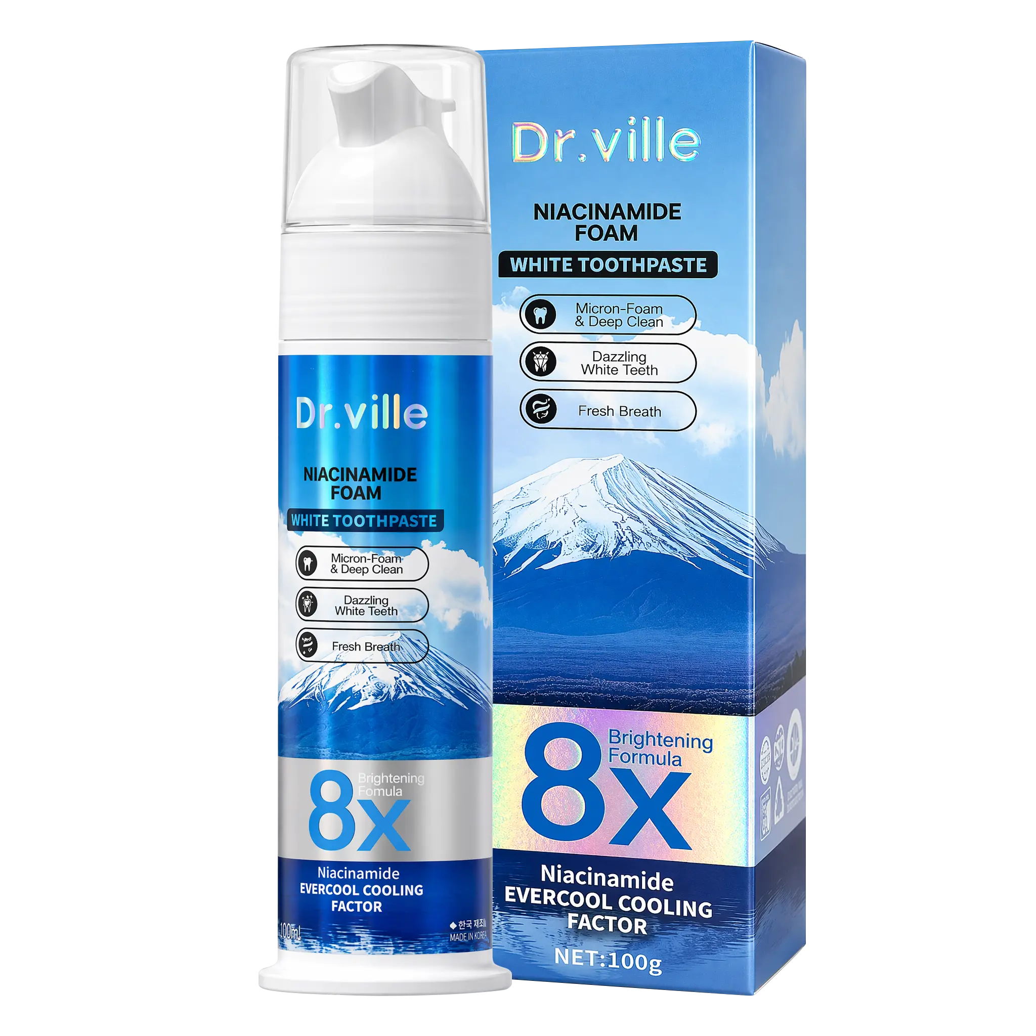 【Professional Grade】Dr.ville Niacinamide Foaming Whitening Toothpaste 8X - Fresh Breath Stain Removal Gentle Teeth Cleaning 100ml-G