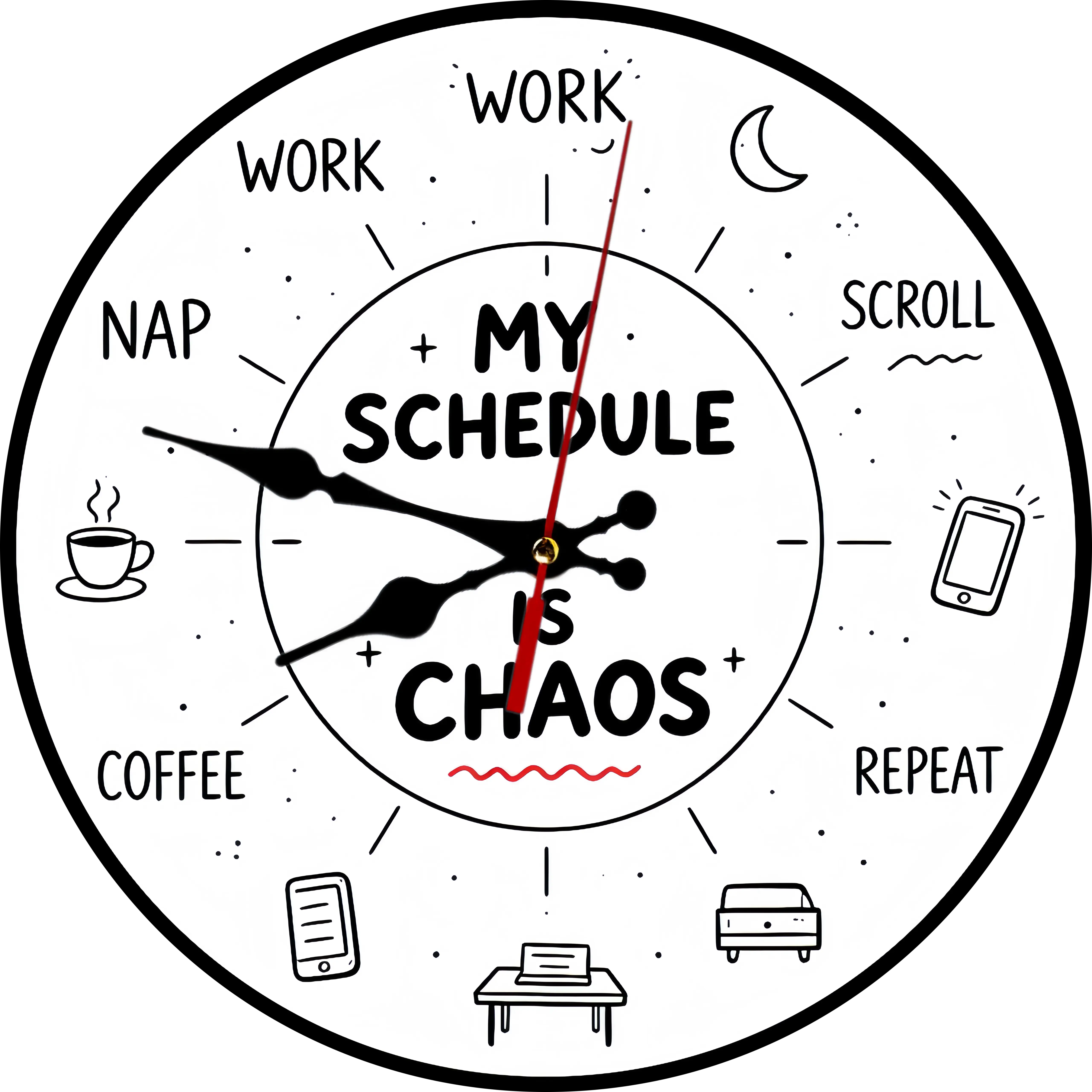 10/12 inch DIY Funny Clock, My Schedule Is Chaos Funny Round Wall Clock, Silent Non Ticking Humorous Quote Clock, Minimalist Office Bedroom Decor