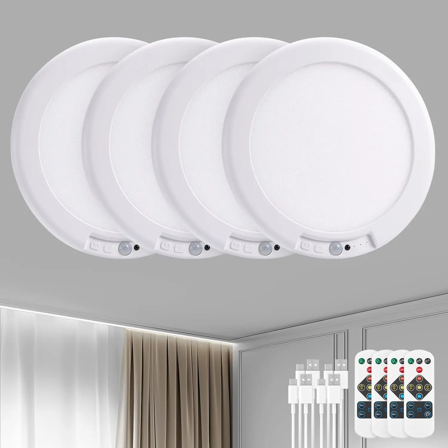 Rechargeable Motion Sensor Ceiling Light with Remote Battery Operated |   4 Pack Magnetic Wireless Stick On Light No Wiring Renter Friendly for Closet Bedroom Hallway lámparas recargables para techo