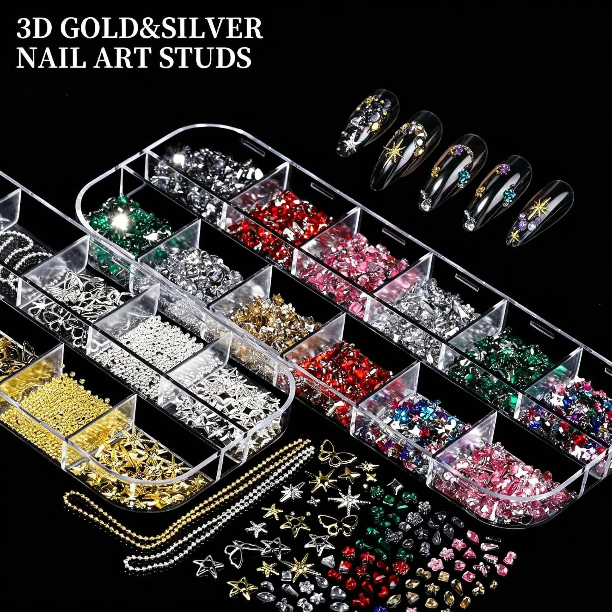 8-Box Colored Rhinestones & Multi-Color Flat Back Gems Set, Free Rhinestone Tool Kit & Jewelry Glue, Nail Charms for 3D/Crystal Design DIY Nail Art Accessories Salon Quality Nails