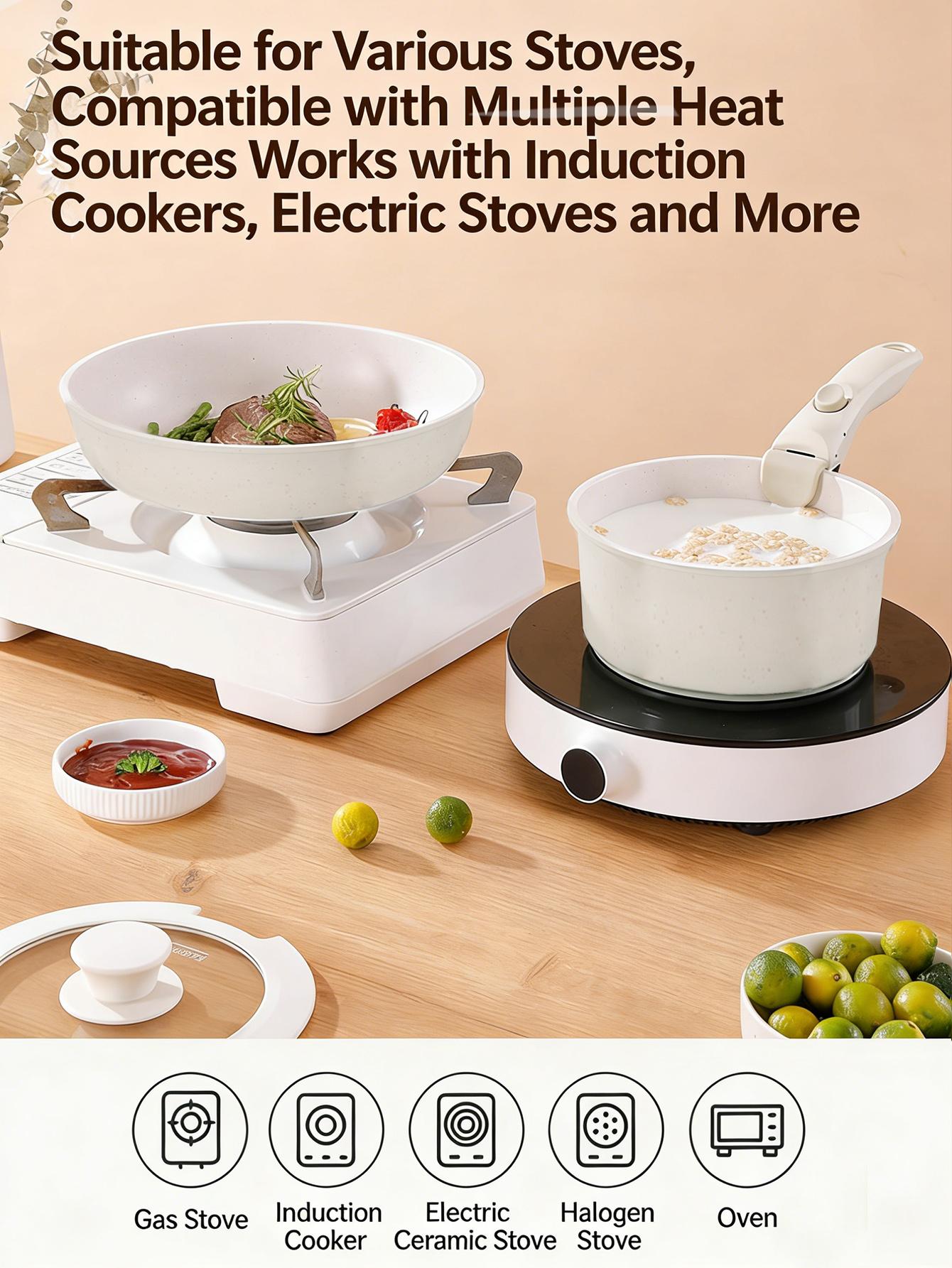 5-piece White non-stick ceramic cooking set, set of pots and pans, with detachable handles, ideal for daily cooking, RV camping and compact kitchens Cookware