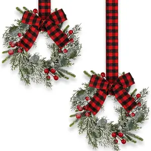 2 Pcs 9" Small Christmas Wreath Mini Cabinet Wreaths for Kitchen Christmas Red Berry with Red and Black Plaid Bow Farmhouse Wreath for Holiday…