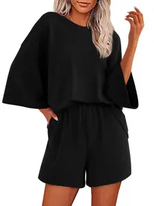 Summer Casual Women's Short Pants Set, Solid Color Round Neck Loose Fit Top Two-Piece Set, Regular Length, Plain Style