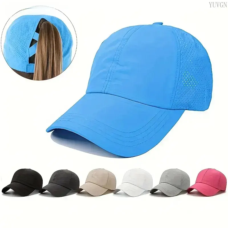 Unisex Quick-Dry Ponytail Baseball Cap with Ponytail Slot, Adjustable Strap, Breathable Lightweight Fabric for Outdoor Sport, Athletic Training Sports & Outdoor Hats, All-Day Comfort, Trendy Street Style, Ideal for Camping, Daily Commute, Sporty Chic, Str