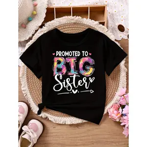 Lightweight Comfortable Breathable Girls Summer T shirt with Sister Letter Print Short Sleeve Knitted Polyester Casual Outdoor Fashionable Round Neck Top Girls Clothing