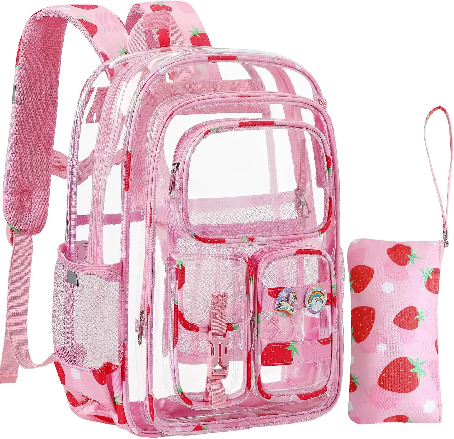 Clear Backpack for Kids, Strawberry Backpack for Girls, Water-Resistant See Through Bookbag with Chest Strap for Preschool Kindergarten College Travel Stadium Work Concert