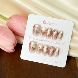 Perilla OV10-OV25 Cat Eye Floral Handmade Press On False Nails Short Oval Rhinestone Handpainted Stick on Nails with Tool Kit