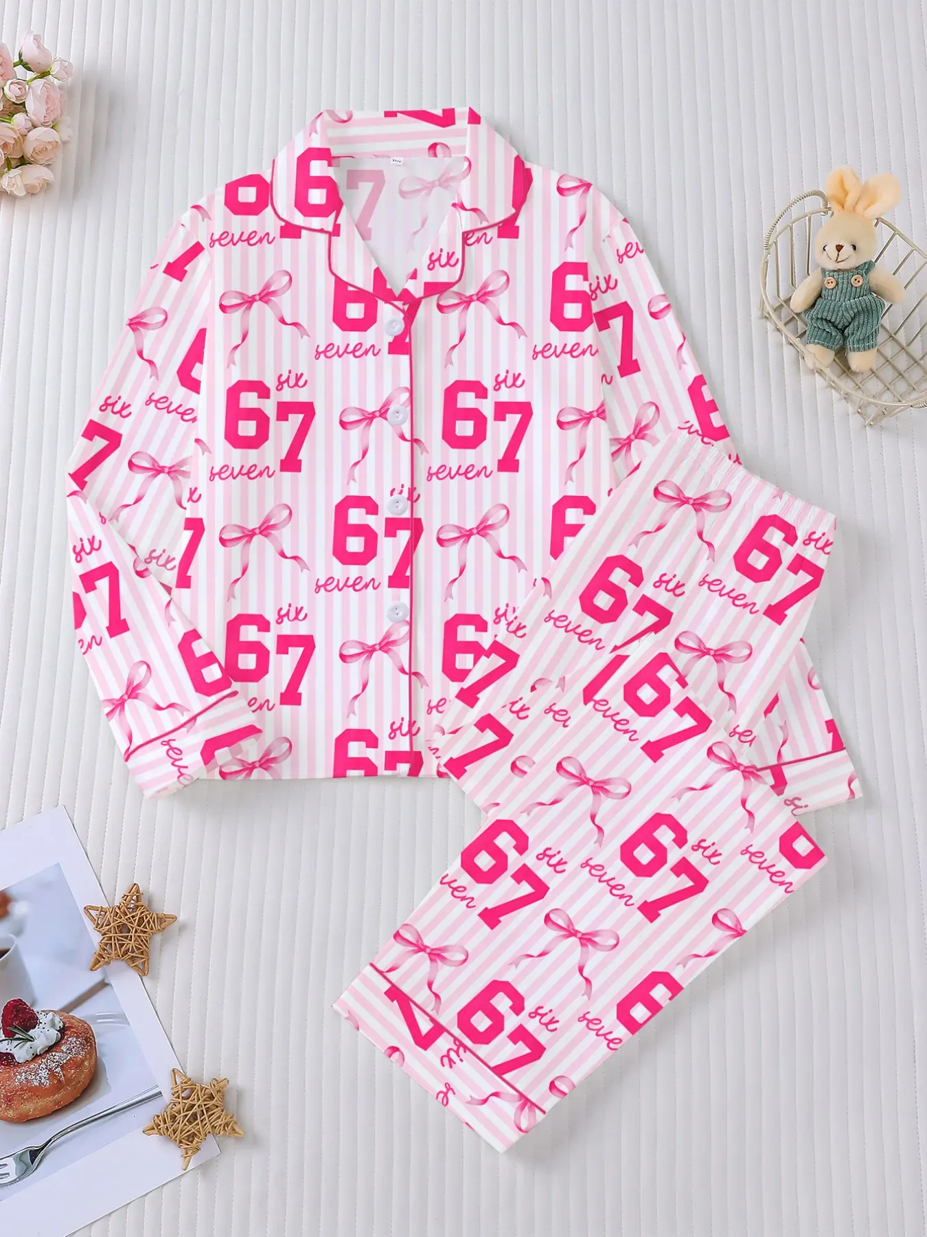 2-piece pink striped Six seven 67 themed children's sleepwear set, Print pajama set, flame retardant long sleeved lapel cardigan top and loose elastic pants, pink and white striped Six seven 67 with butterfly element print Pajama Clothes
