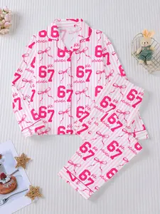 2-piece pink striped Six seven 67 themed children's sleepwear set, flame retardant long sleeved lapel cardigan top and loose elastic pants, sweet print pink and white striped Six seven 67 with butterfly element print, Soft Casual Pastel Cute Pajamas