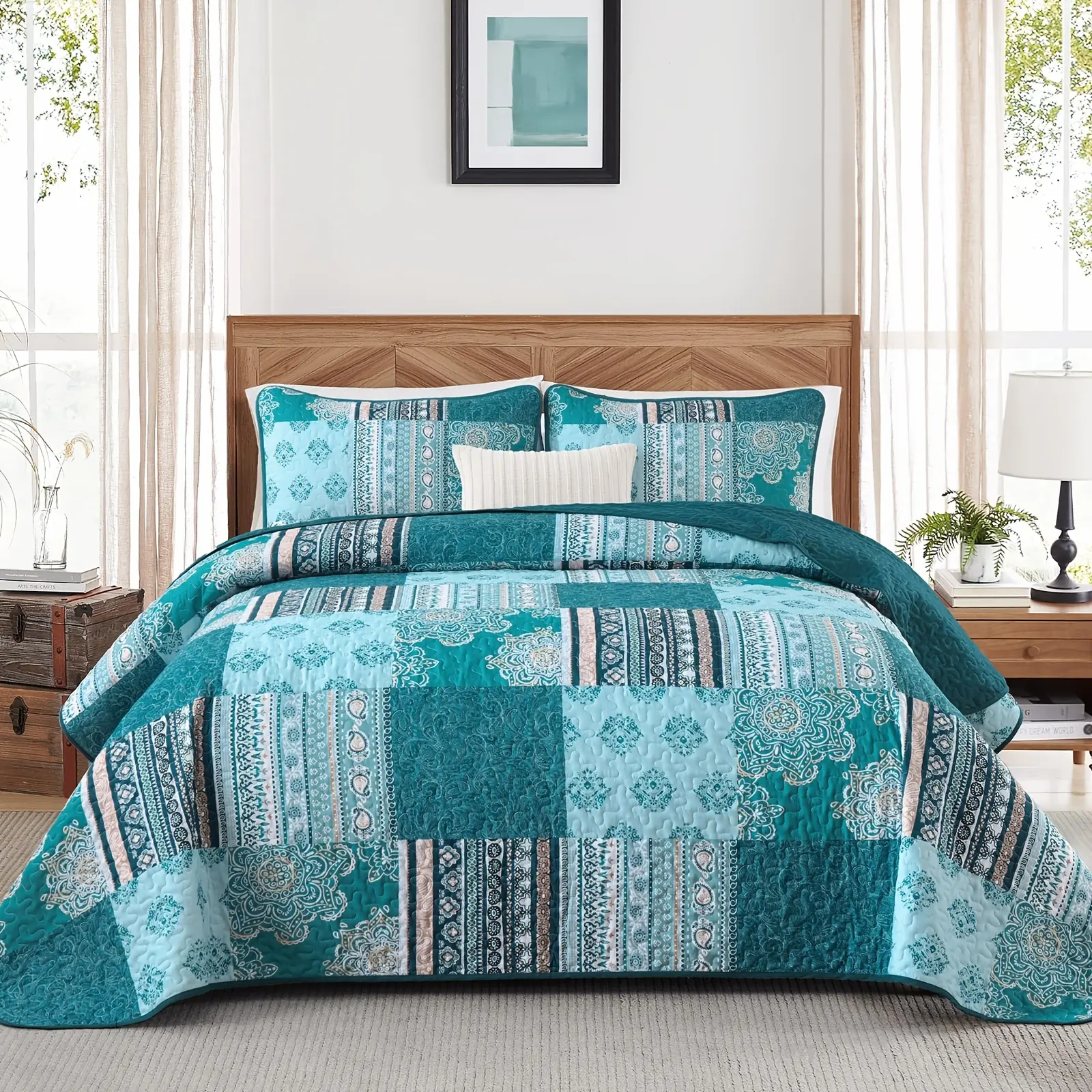 Queen And King Size Teal Patchwork Quilt Set, Featuring 3pcs of Turquoise Bohemian Bedspread, Plaid Design, Reversible Coverlet, Soft And Lightweight Bedding