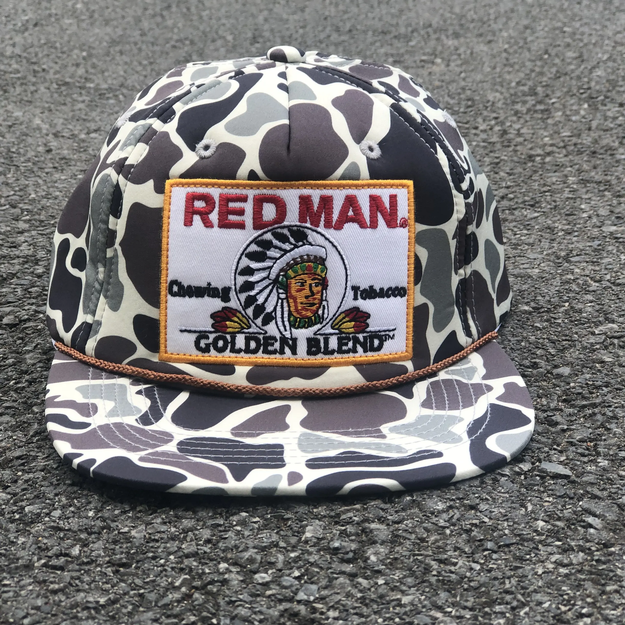 Red Man Golden Blend Vintage Patch Hat, Old School Camo Rope Cap, Flat Bill Snapback, Retro Chewing Tobacco Style Hunting Hat for Men