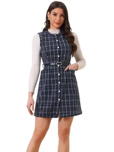 INSPIRE CHIC Women's Vintage Pinafore Dress Round Neck Button Down Pockets Sleeveless Plaid Tweed Dress with Belt Dark Blue